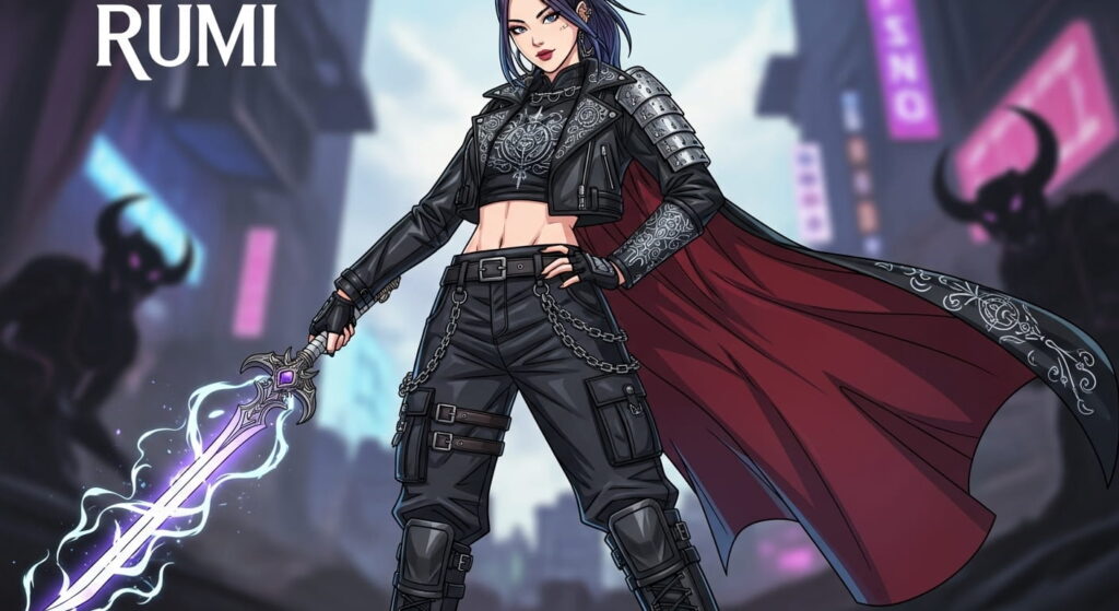 Rumi Kpop demon hunter warrior outfit, holding magical blade, fantasy kpop style illustration
