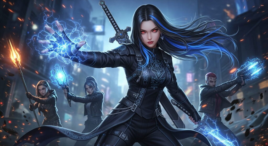 Rumi Kpop demon hunter with team in background, powerful stance, dramatic lighting