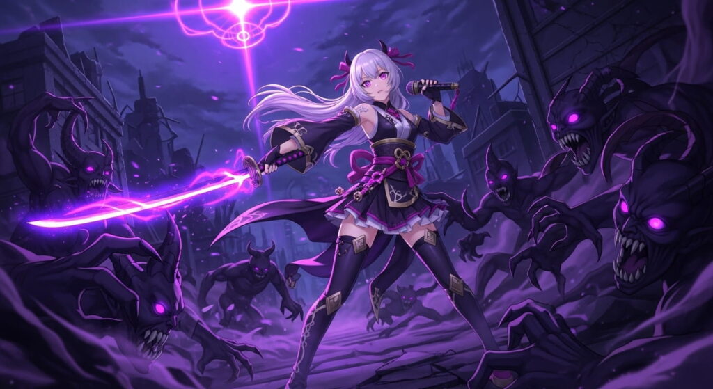 Rumi Kpop demon hunters battle scene, demons surrounding her, glowing purple eyes, epic anime style