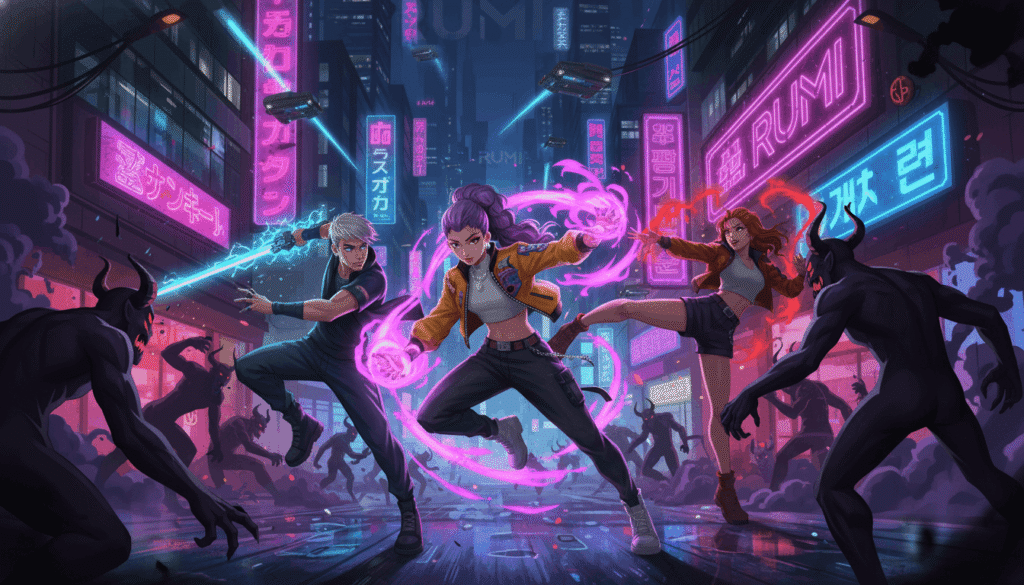 Rumi Kpop demon hunters fighting demons, purple aura powers, dramatic action pose, neon city night