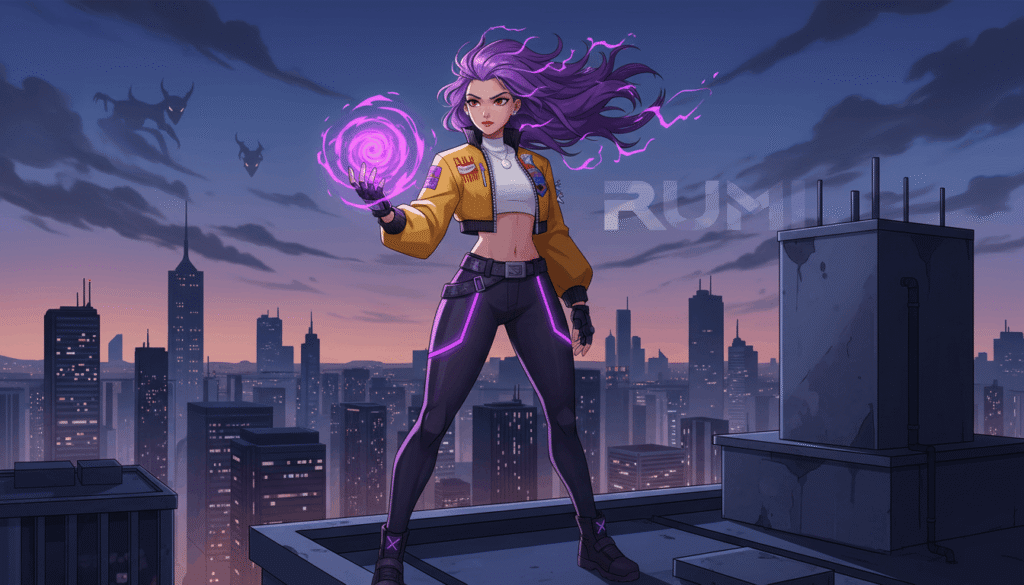 Rumi Kpop idol demon hunter standing on rooftop, wind blowing hair, glowing purple energy, anime art