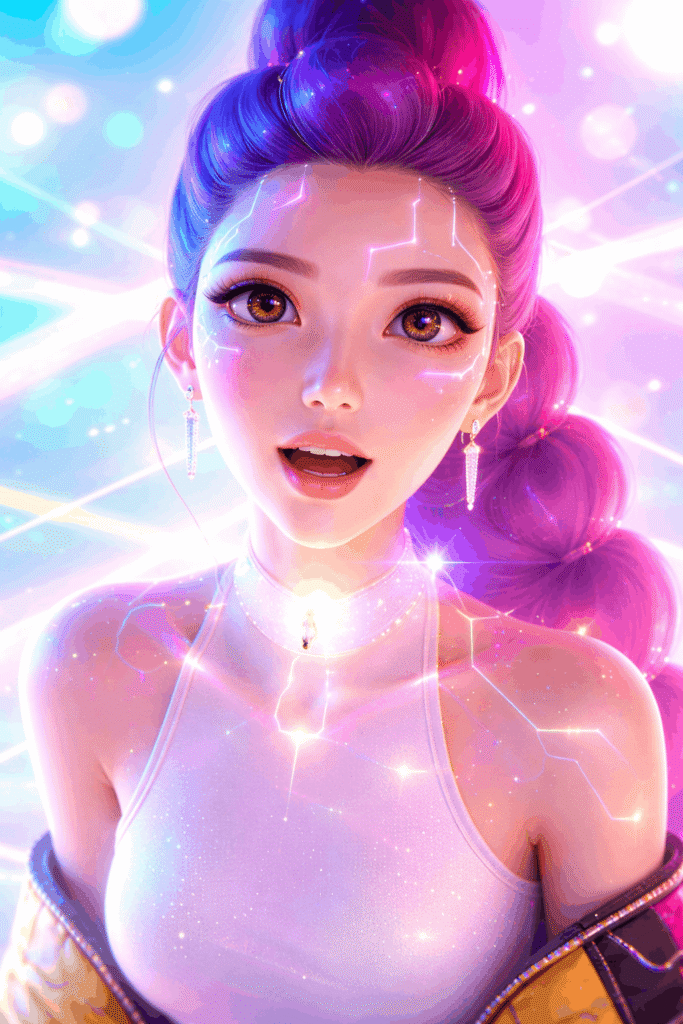 Rumi, a futuristic anime-style girl with a soft glowing face and expressive big brown eyes