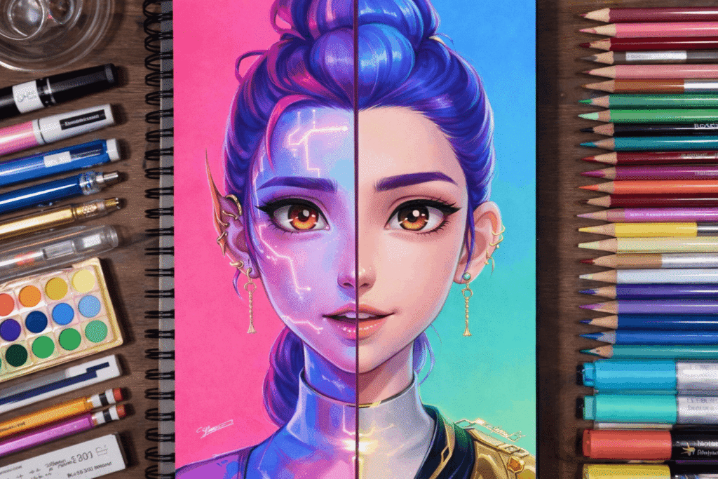 Rumi character in a creative split portrait artwork