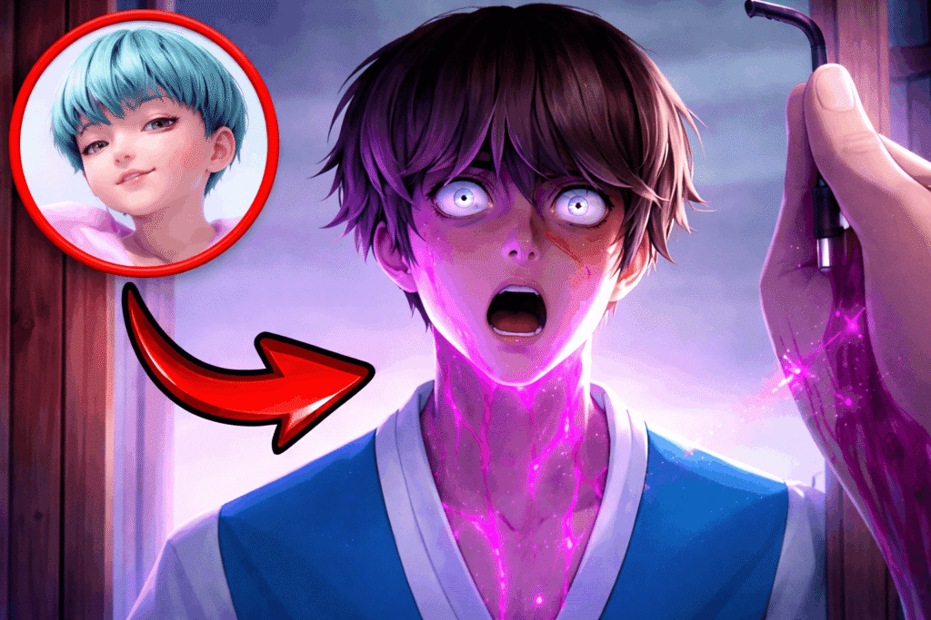 Shocked anime boy with glowing purple liquid dripping from his mouth