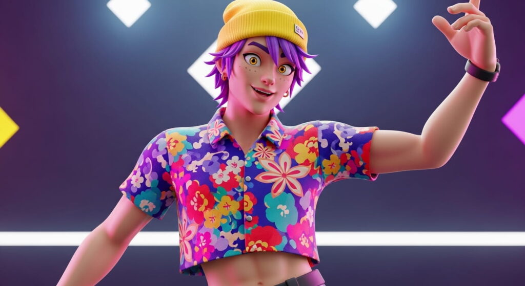 Stylized 3D character with purple hair,