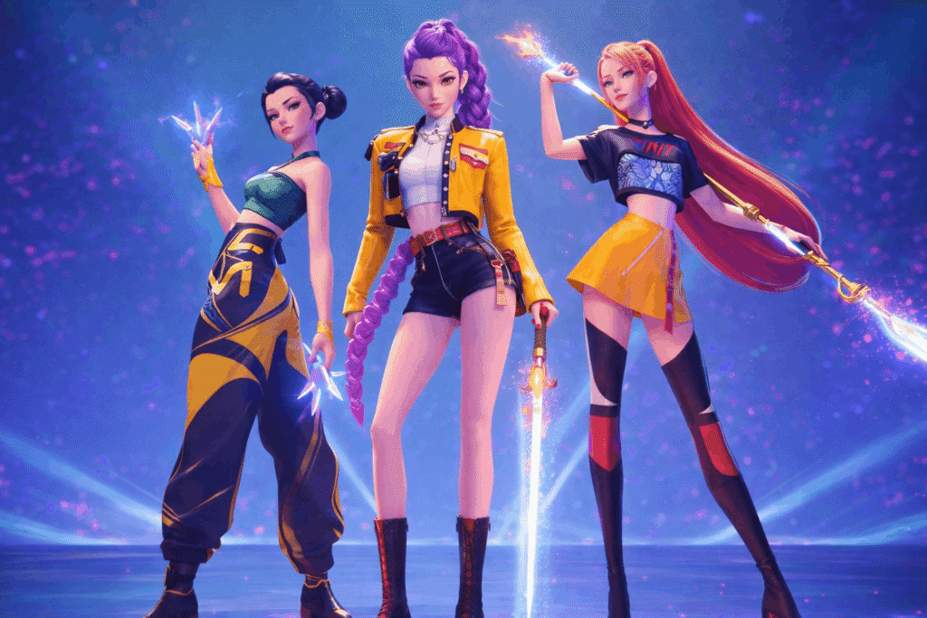 The Power Rangers girls stand confidently in front of a vibrant blue background