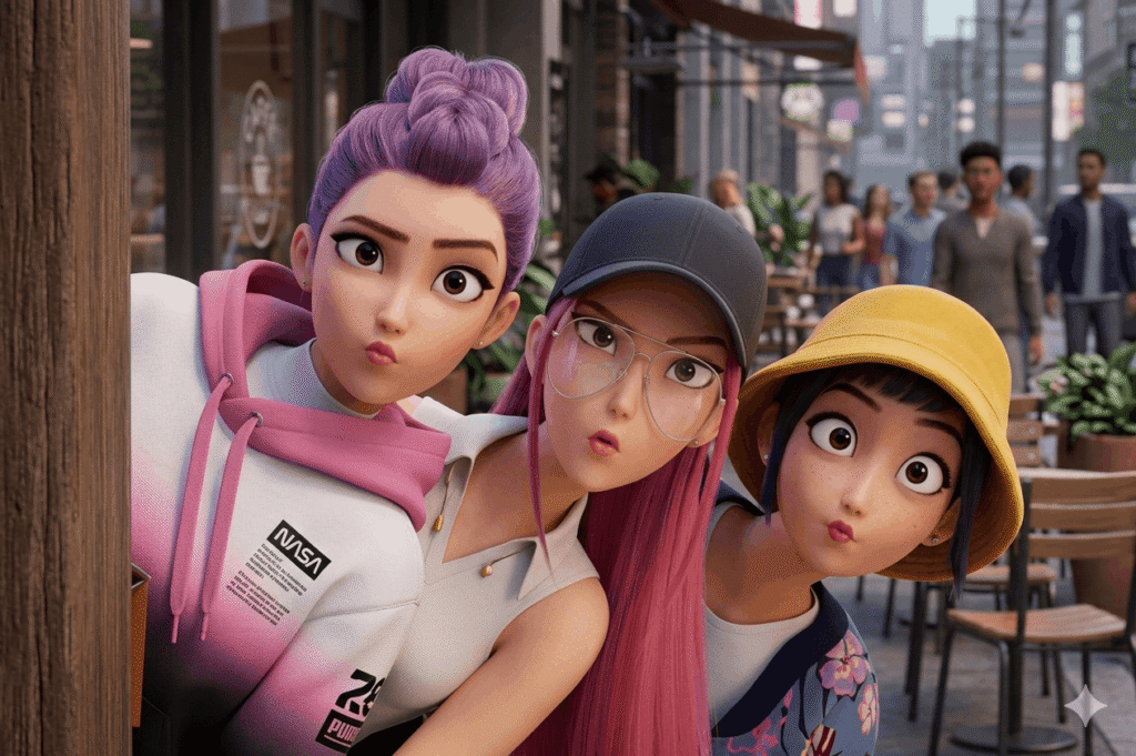 Three animated characters pose in a bustling city