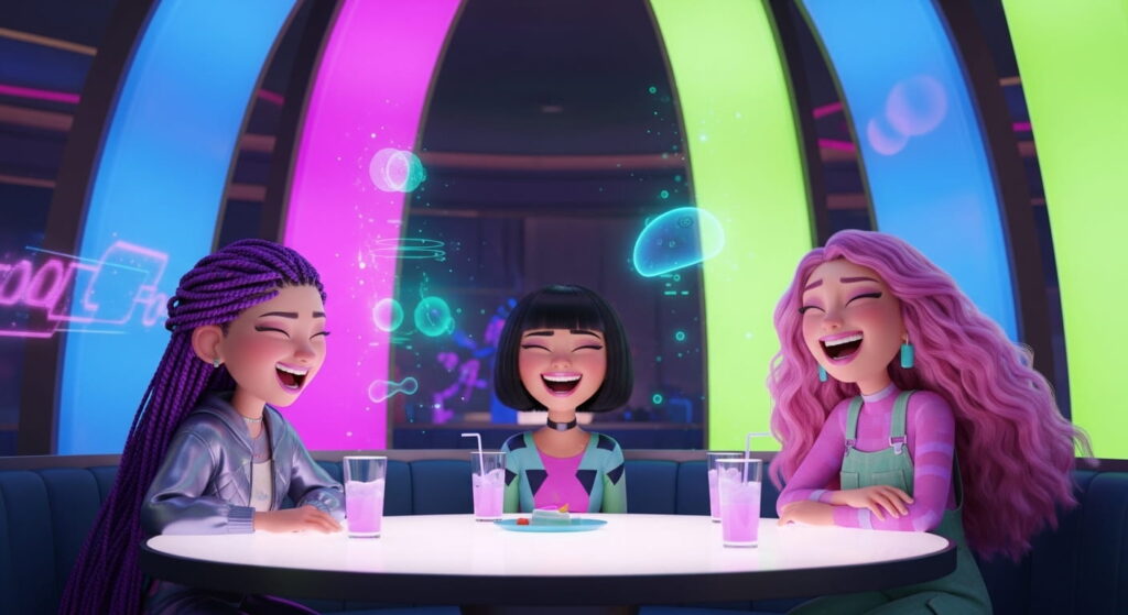 Three animated girls sitting at a table