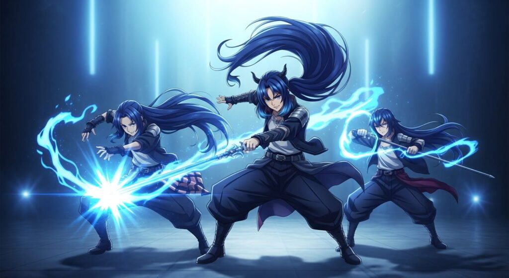 Three anime characters with long blue hair