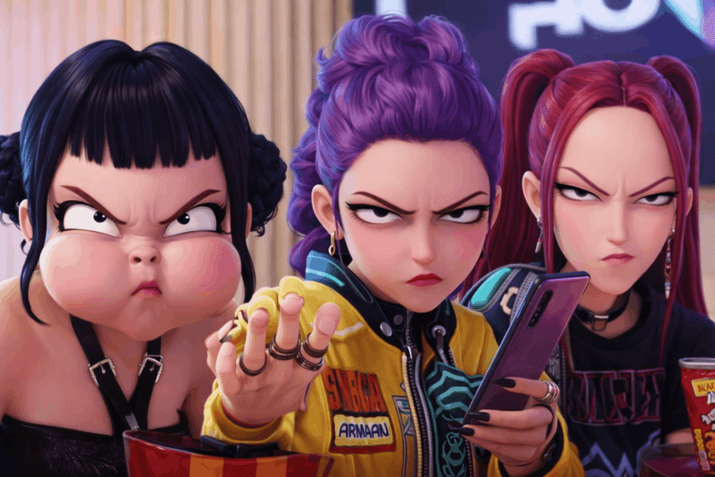 Three anime girls, one with purple hair and two with pink hair