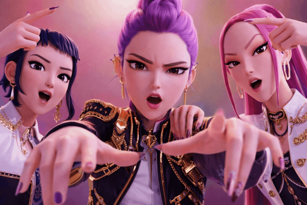 Three anime girls, one with purple hair and two with pink hair