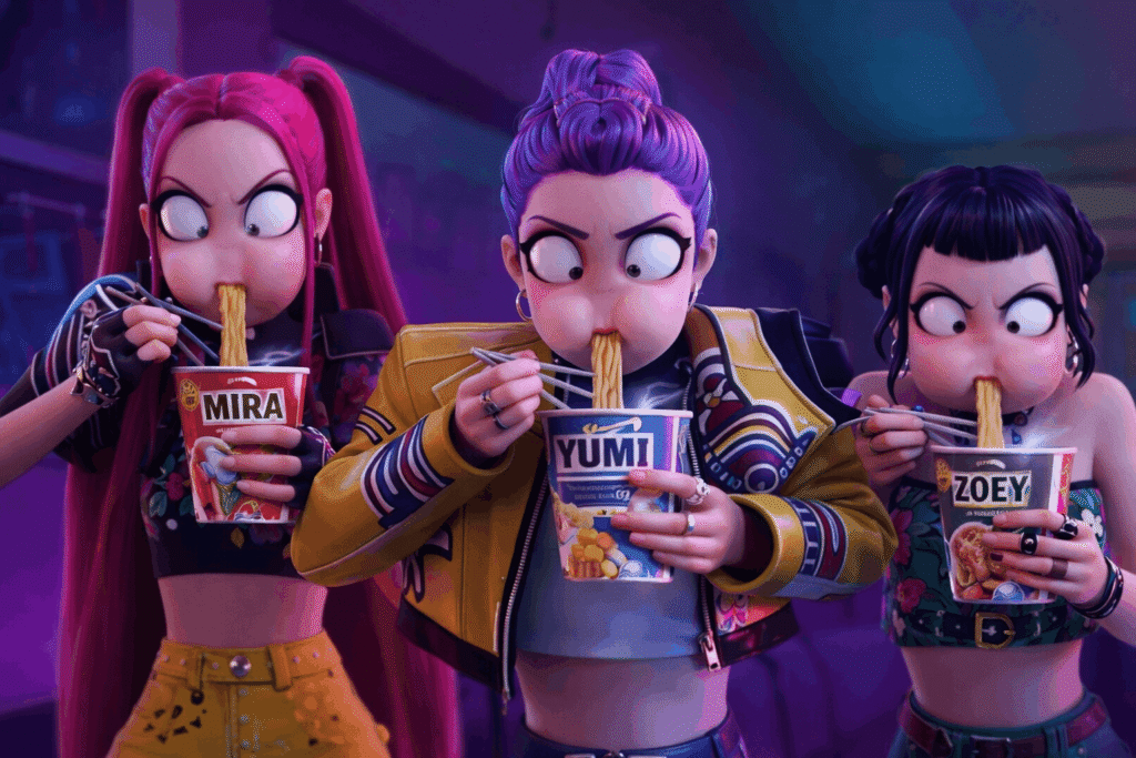 Three cartoon characters joyfully eating food with their mouths open