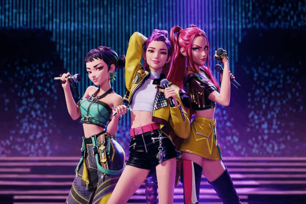 Three female characters performing on stage