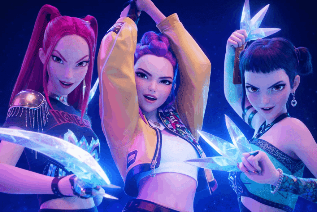 Three female characters wielding swords