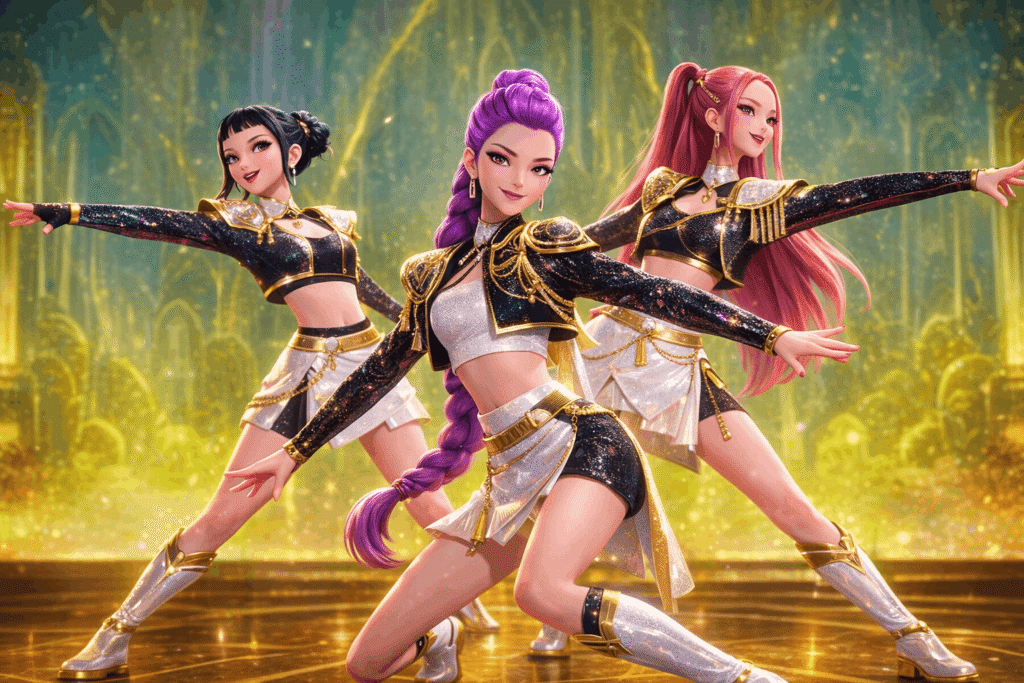 Three female dancers in shimmering gold outfits