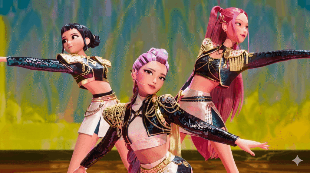 Three girls dressed in vibrant costumes are dancing together