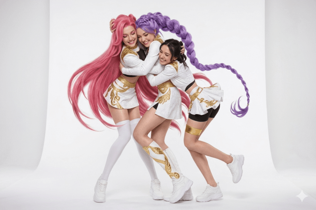 Three girls dressed in white and gold costumes