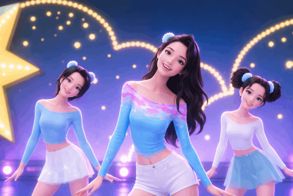 Three girls in blue and white outfits are joyfully dancing together