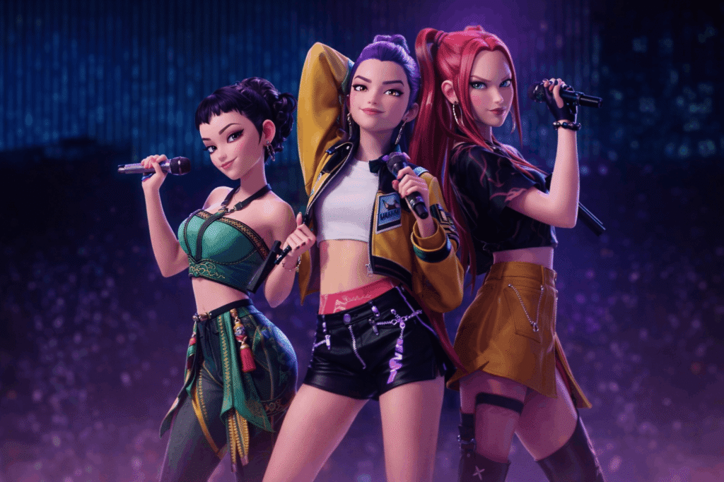 Three girls in diverse outfits stand side by side