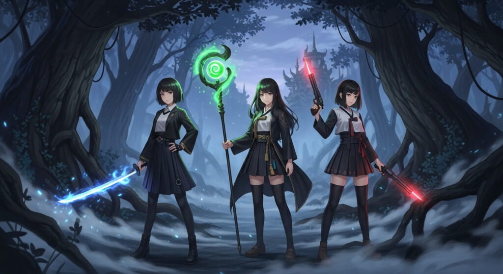 Three girls in school uniforms wielding swords and staffs