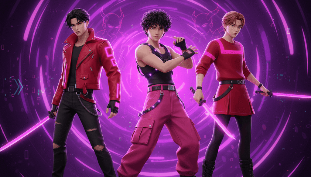 Three individuals in purple outfits wielding swords
