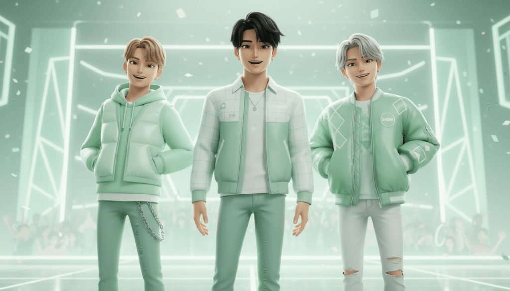 Three young men wearing green jackets on stage