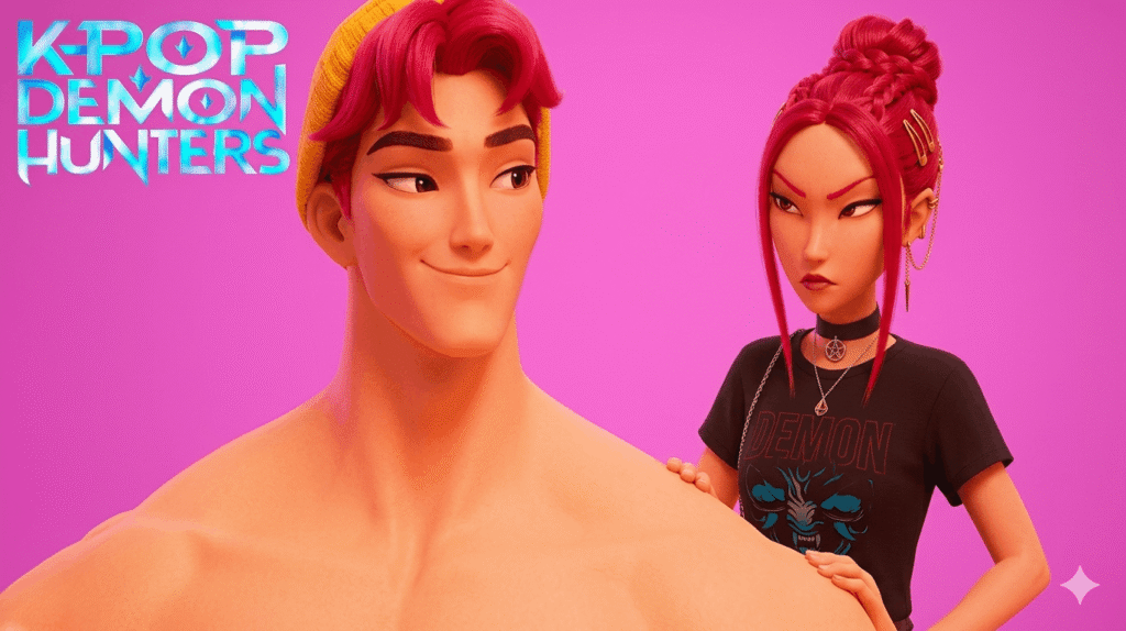 Two animated characters from Kpop Demon Hunters against a pink background