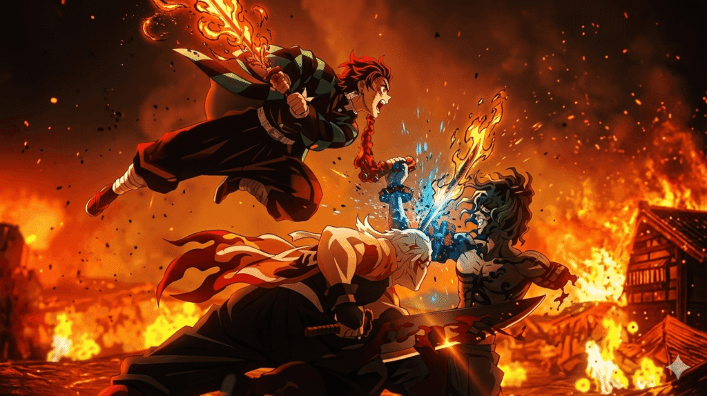 Two anime characters engage in an intense battle