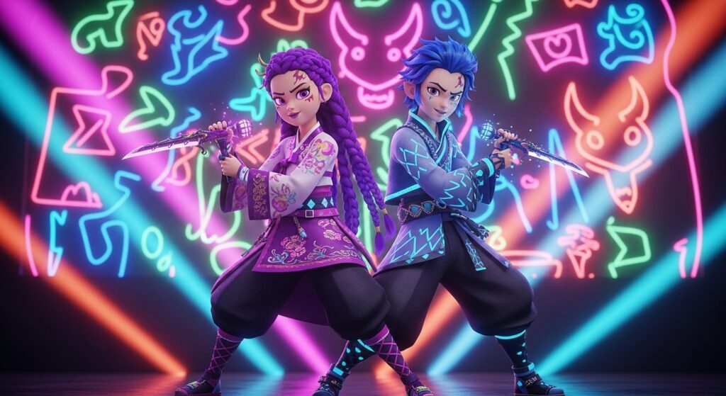 Two anime characters stand in front of vibrant neon lights