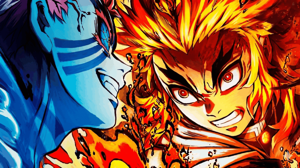 Two anime characters surrounded by vibrant fire and flames