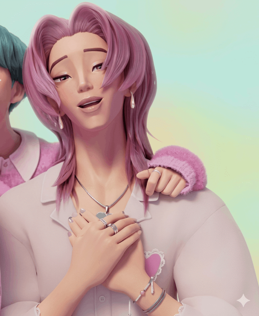 Two anime characters with pink hair and blue eyes