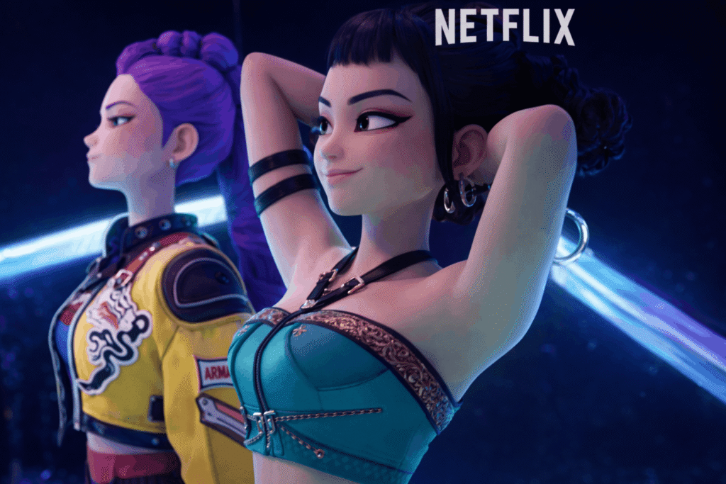 Two anime girls in colorful costumes raise their arms joyfully