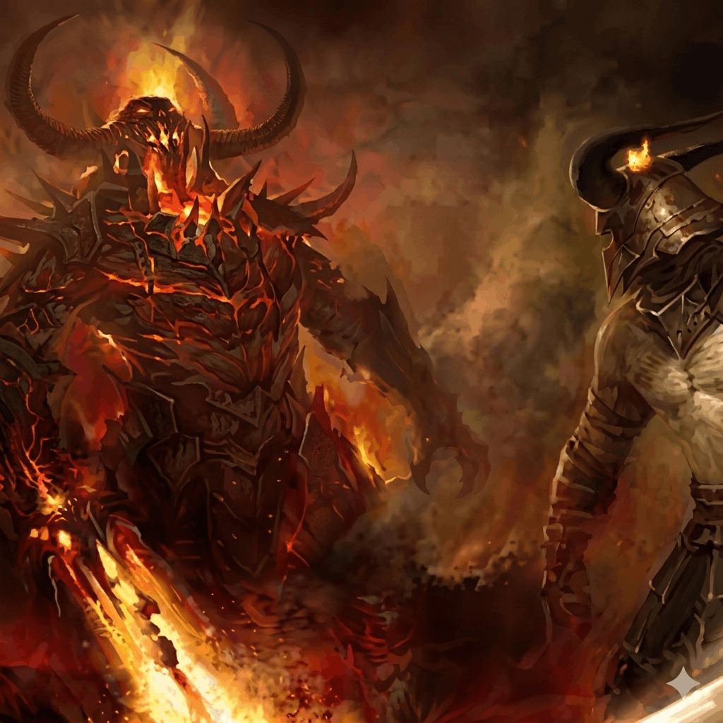 Two demon warriors clash in a dark setting