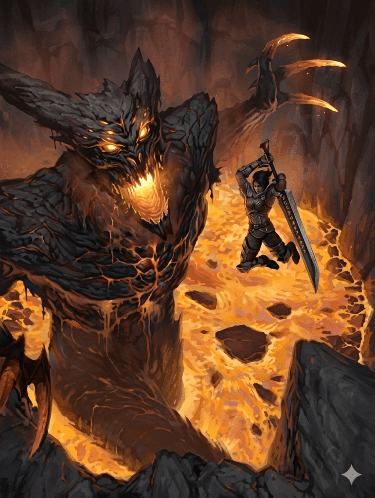 Two demons wielding swords stand back to back