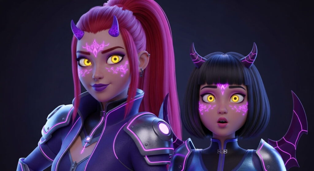 Two female characters with purple eyes and horns