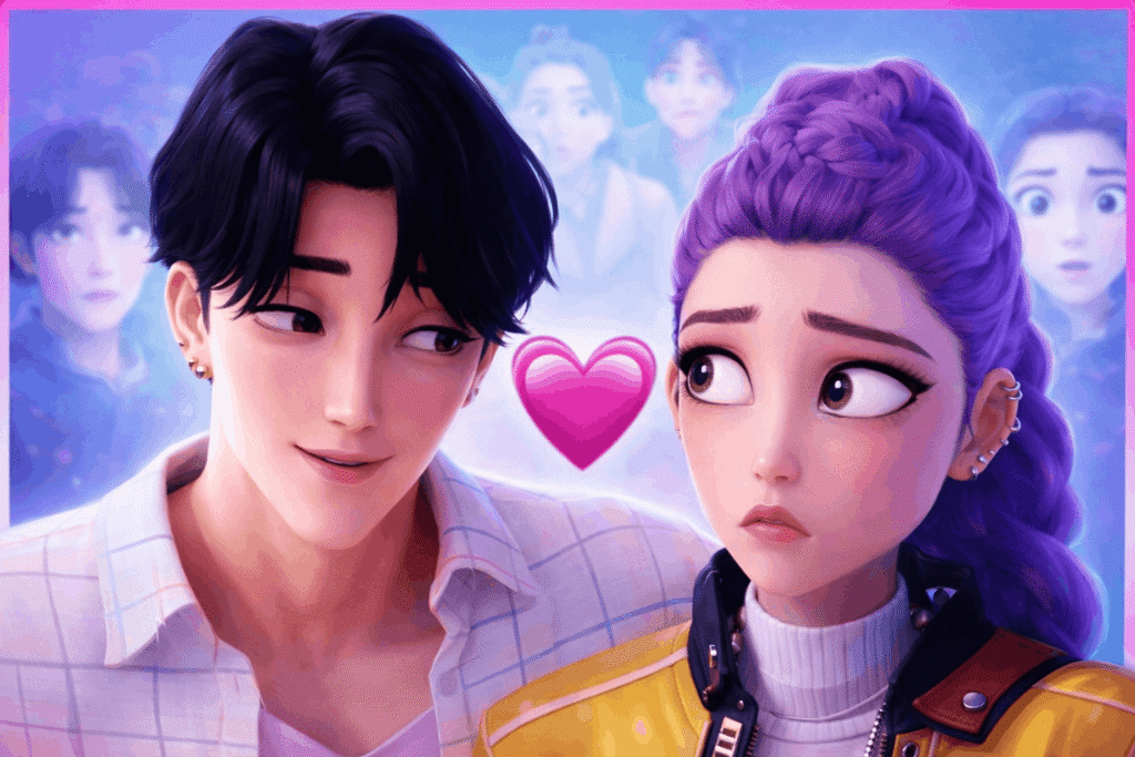 Two individuals with purple hair and heart designs on their faces