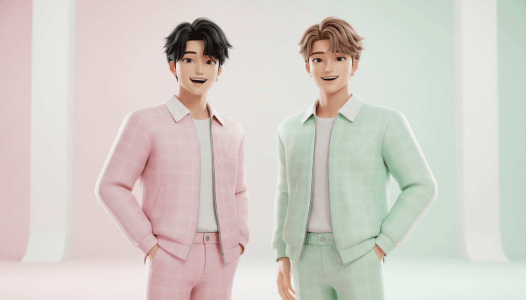 Two men in identical outfits stand side by side