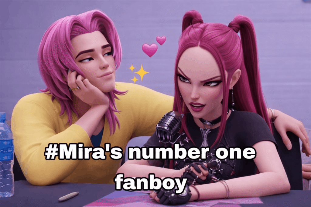 Two people with pink hair sit at a table