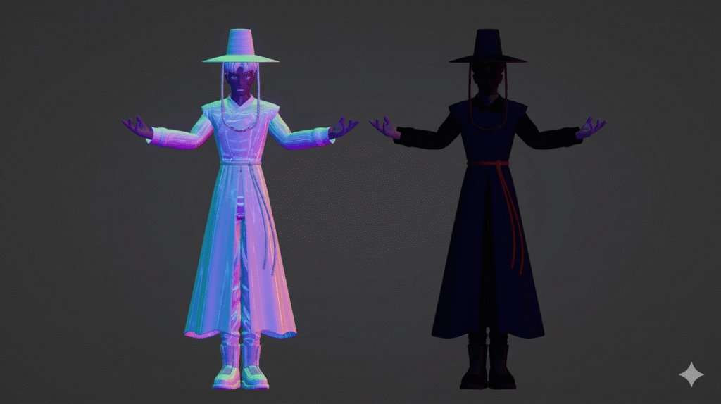 Two tall figures in traditional robes and hatsTwo tall figures in traditional robes and hats