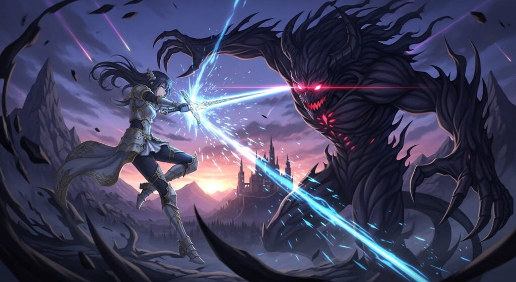 Two warriors duel with swords