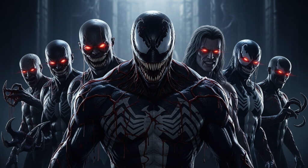 Venom villains lineup in dark environment