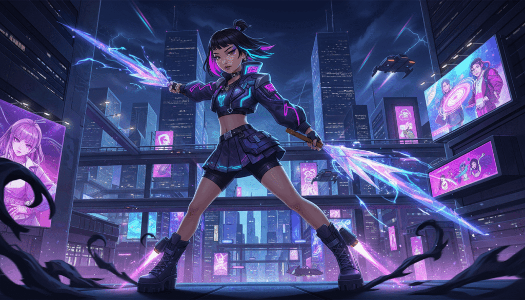 Zoey Kpop demon hunter anime style, futuristic city background, glowing energy effects