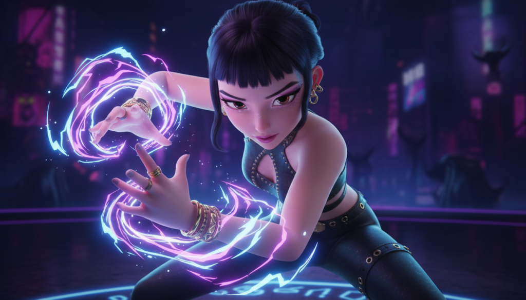 Zoey Kpop demon hunter battle pose, magical energy around hands