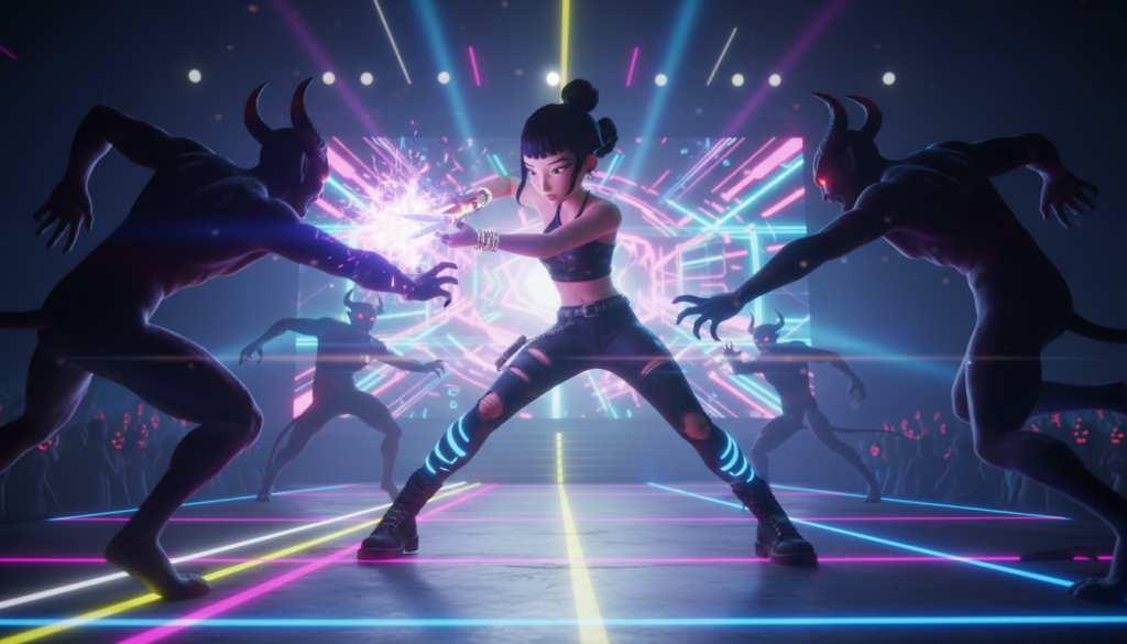 Zoey Kpop demon hunter dancing while fighting demons, dynamic pose, kpop stage lights