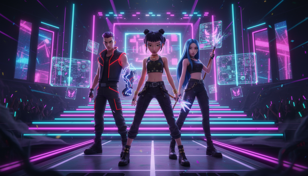 Zoey Kpop demon hunter group scene with teammates, neon kpop stage