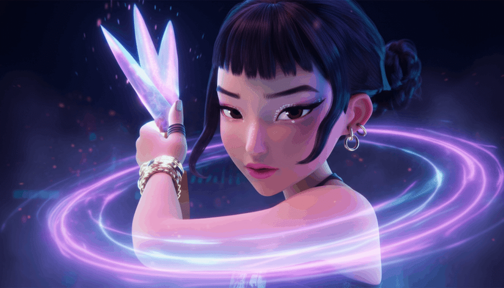 Zoey Kpop demon hunter holding glowing microphone weapon