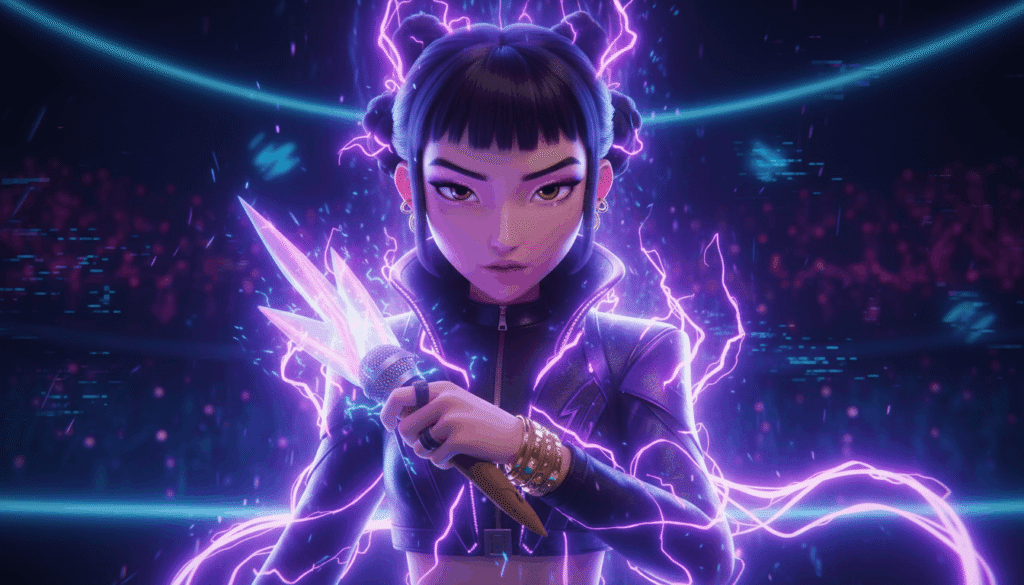 Zoey Kpop demon hunter holding glowing microphone weapon, bright energy aura