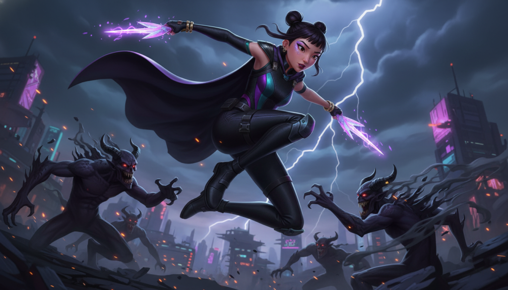 Zoey Kpop demon hunter jumping action pose, demons in background