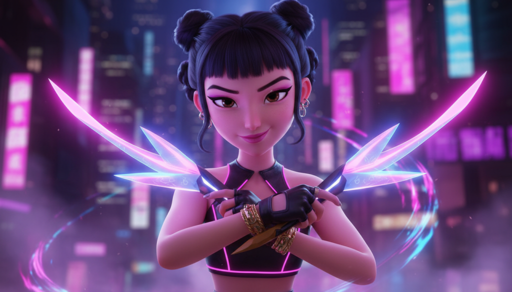 Zoey Kpop demon hunter portrait, pink and blue neon lighting, cute but powerful vibe