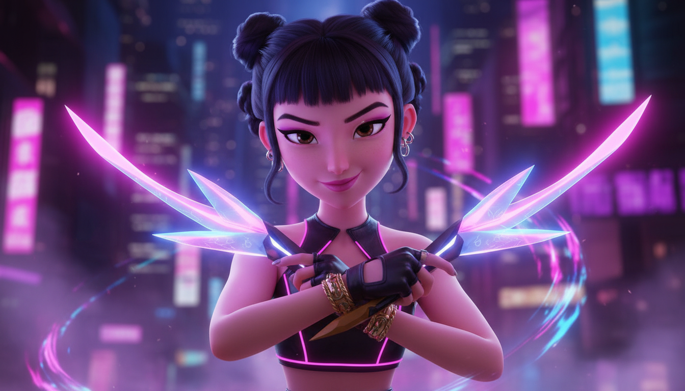 Zoey Kpop demon hunter portrait, pink and blue neon lighting, cute but powerful vibe